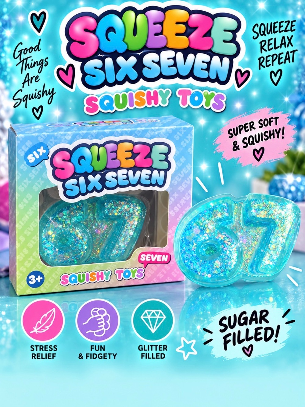 Six Seven Glitter Squishy Toy - Blue 67